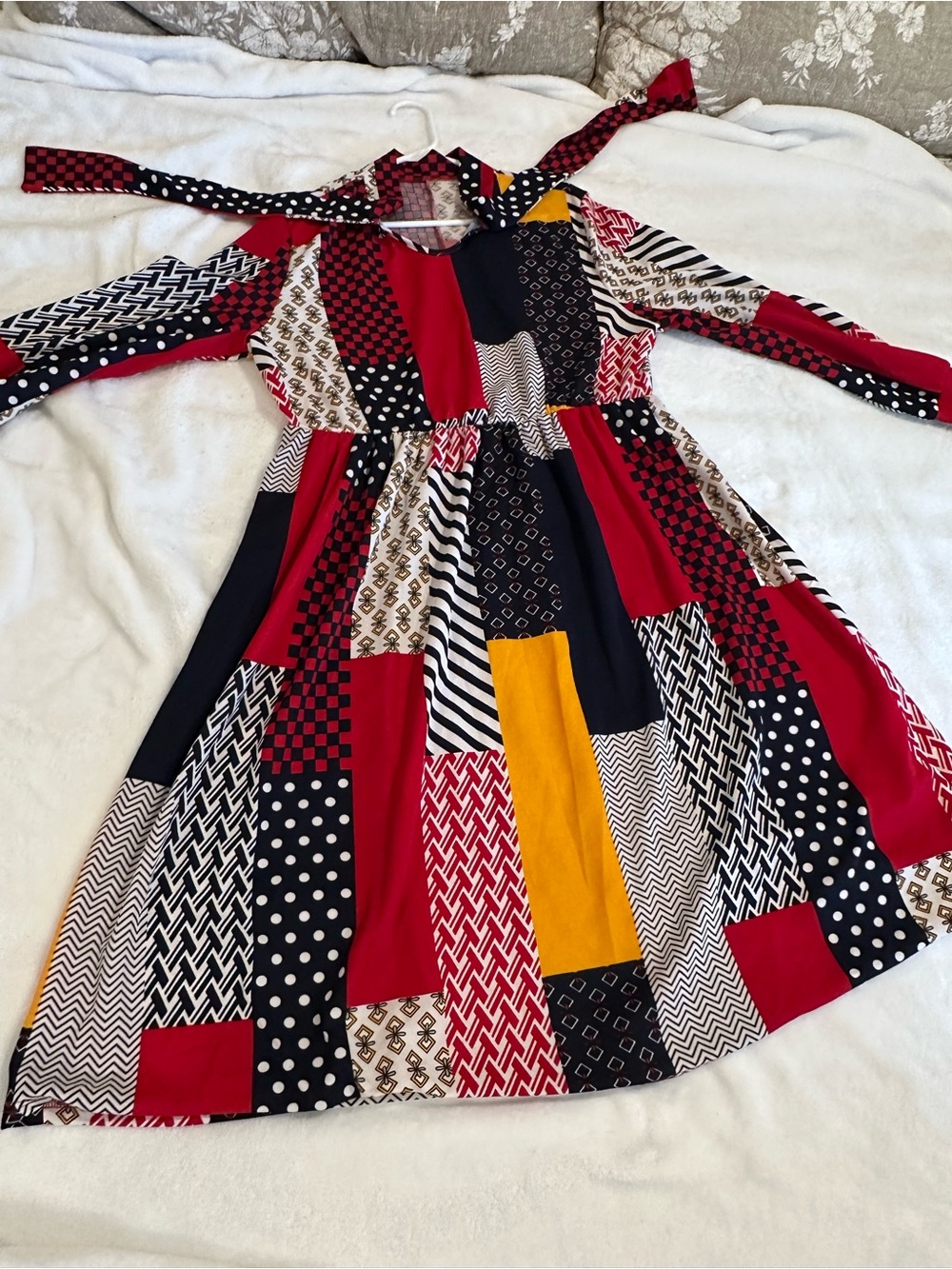 Patchwork Midi Dress with Red, Navy & Mustard Panels